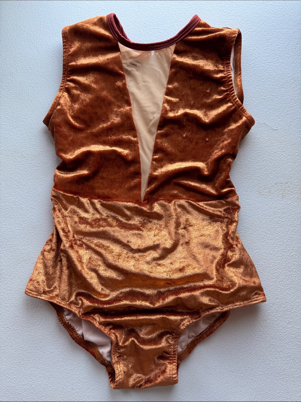 Velvet Copper Sleeveless Bodysuit with Sheer V-Inset